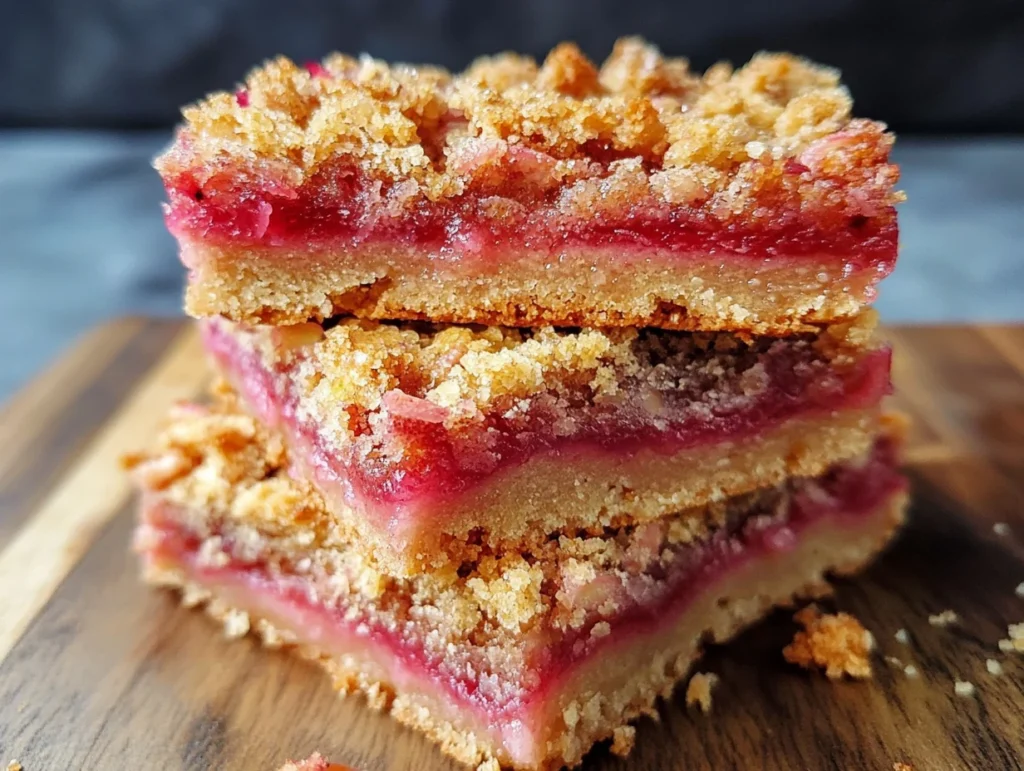 Close-up of a stack of raspberry crumble bars with layers of crumbly topping, raspberry filling, and buttery crust on a wooden surface.