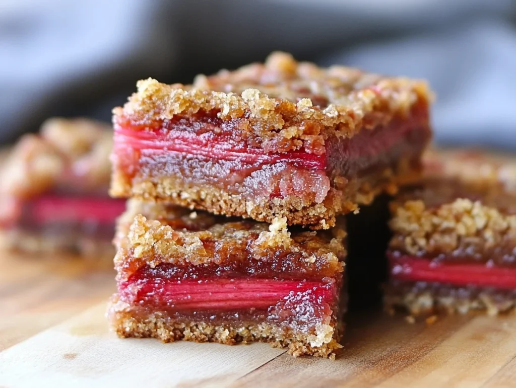 Close-up of homemade rhubarb crumble bars with a rich crumbly top, a vibrant pink rhubarb layer, and a golden-brown crust, arranged on a wooden cutting board.