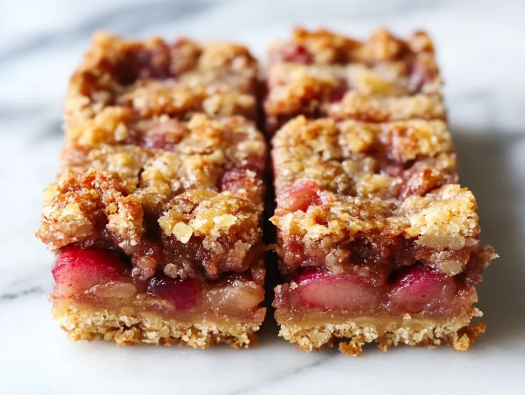Close-up of two apple-cranberry crumble bars with a golden, crumbly topping and visible layers of fruit filling on a marble background.