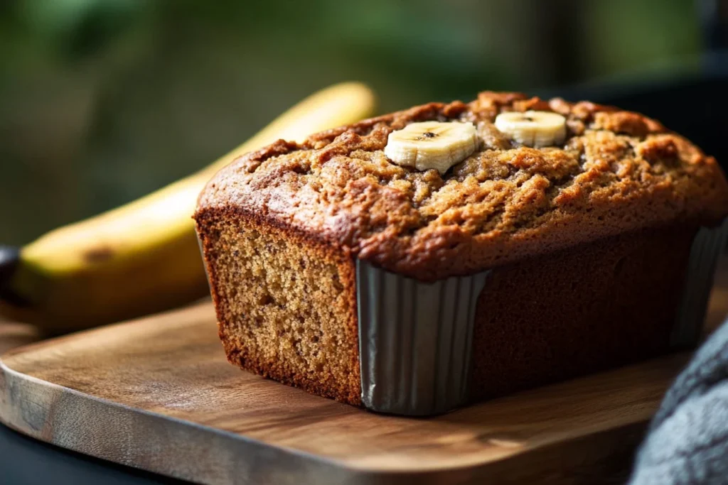 Freshly baked banana bread on a wooden board