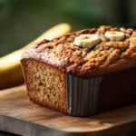 Freshly baked banana bread on a wooden board
