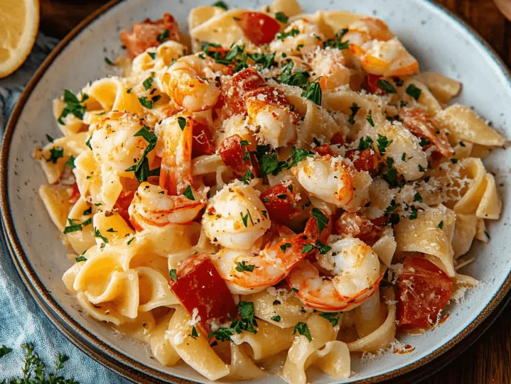 A delicious plate of creamy shrimp pasta topped with fresh parsley, grated parmesan, and cherry tomatoes, served on a ceramic plate.