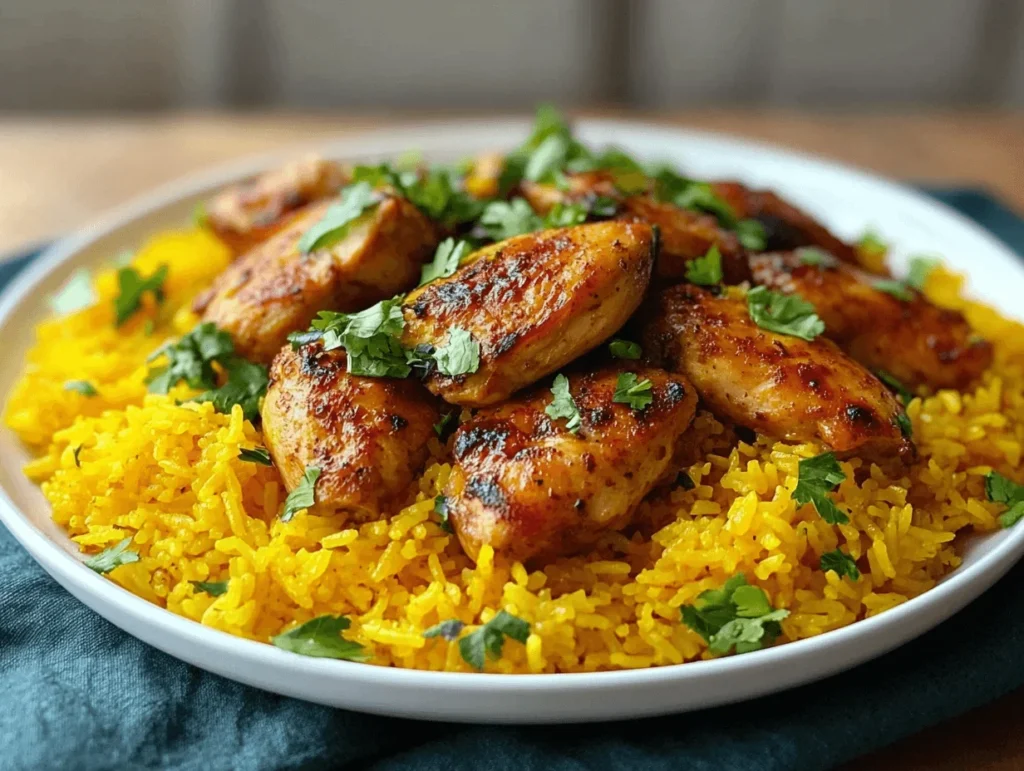 A plate of grilled chicken pieces placed on a bed of golden turmeric rice, garnished with fresh cilantro.