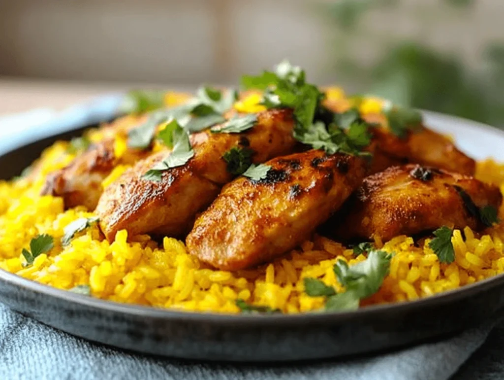 A plate of grilled chicken served over vibrant yellow turmeric rice garnished with fresh cilantro.