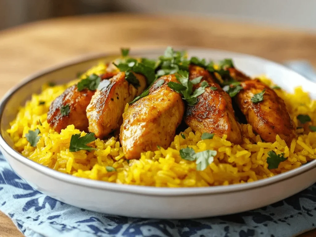 A plate of juicy grilled chicken breasts served on a bed of vibrant yellow turmeric rice, garnished with fresh cilantro leaves.