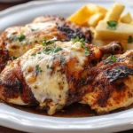 A close-up of grilled chicken topped with melted cheese, garnished with parsley, served with crispy fries on a white plate.