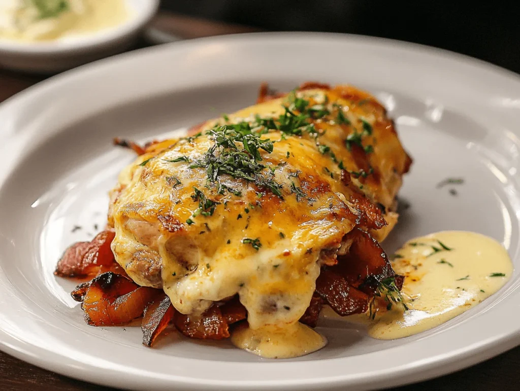 A close-up of a cheesy chicken melt topped with fresh herbs, accompanied by bacon, onions, and creamy sauce on a white plate.