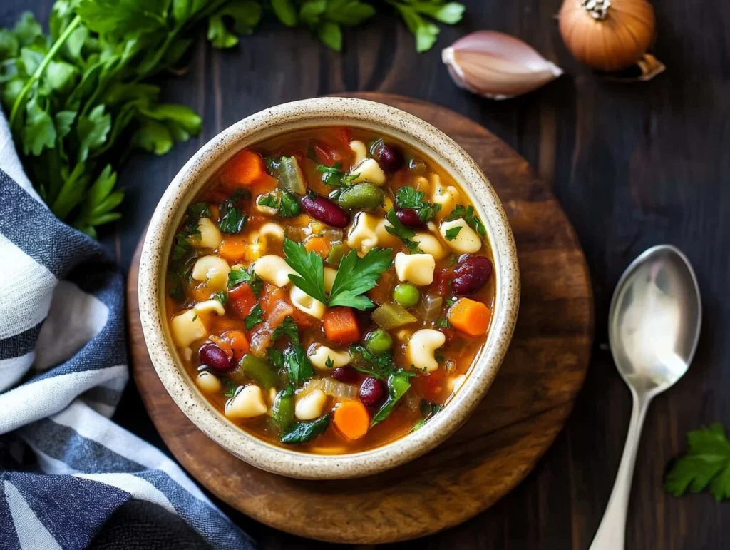 A bowl of hearty vegetable soup filled with pasta, kidney beans, carrots, peas, and fresh parsley, placed on a wooden table surrounded by fresh parsley, garlic, onion, and a spoon.