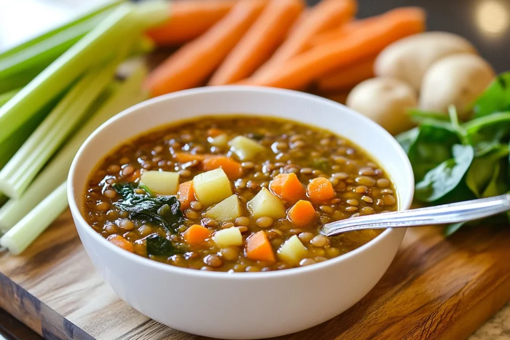 A white bowl of classic lentil soup with a spoon, surrounded by fresh chopped vegetables on a wooden board.