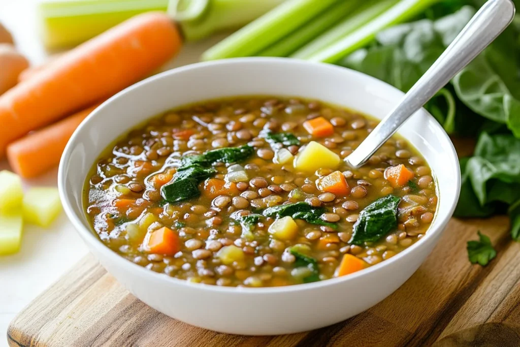 A bowl of lentil soup with vibrant vegetables including carrots, potatoes, and spinach, placed on a wooden board with fresh vegetables in the background.