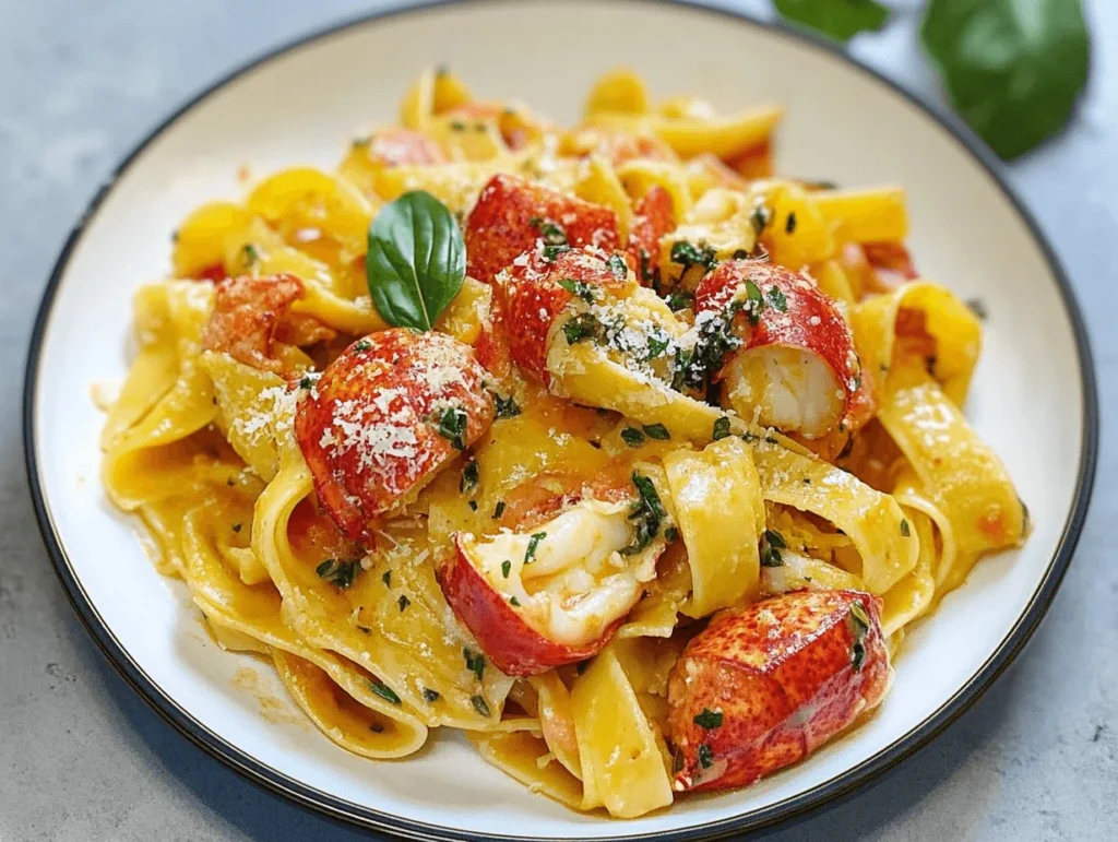A close-up of a plate of lobster tagliatelle pasta garnished with fresh basil and grated parmesan.