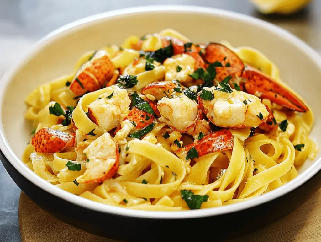 A plate of lobster fettuccine with fresh parsley garnish.
