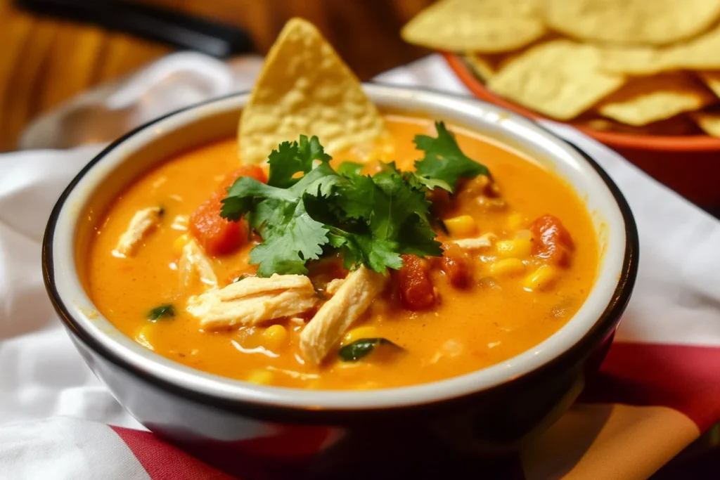 A bowl of creamy chicken tortilla soup topped with fresh cilantro, featuring shredded chicken, corn, and tomatoes in a rich orange broth, garnished with a tortilla chip.