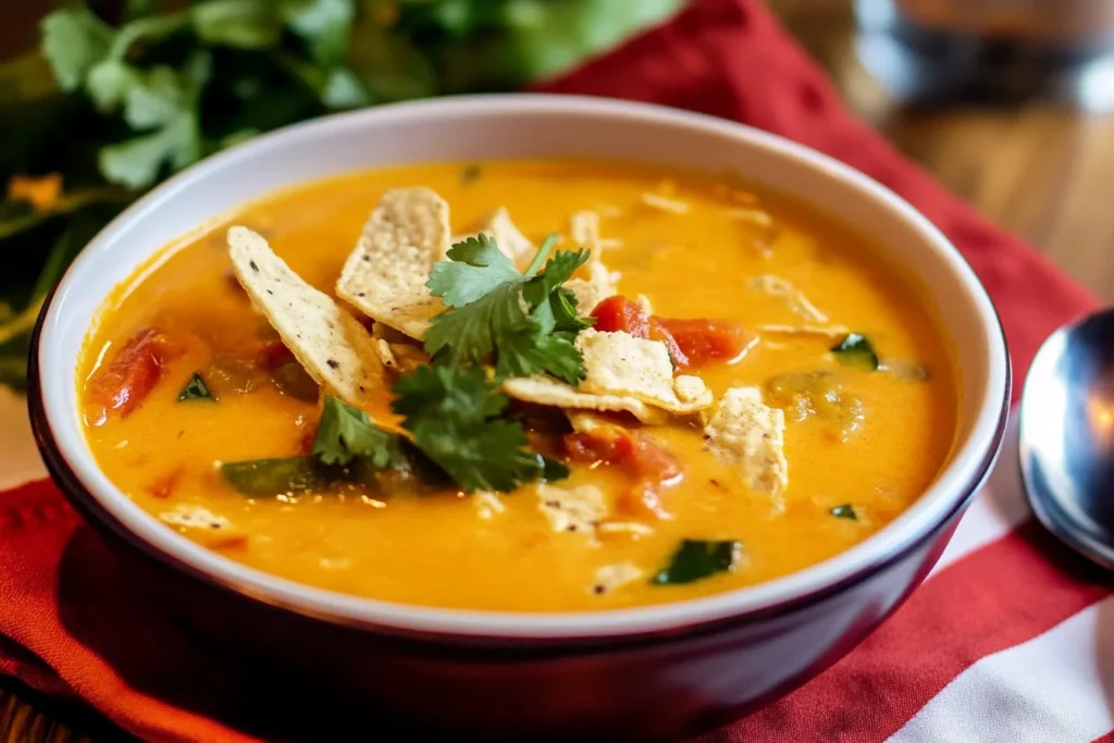 A bowl of creamy cheesy tortilla soup garnished with fresh cilantro and tortilla strips