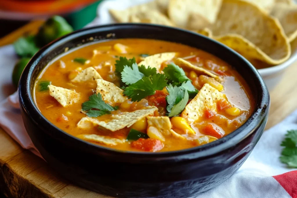 A hearty bowl of cheesy taco soup garnished with tortilla chips and fresh cilantro, with a vibrant mix of corn, beans, and tomatoes.