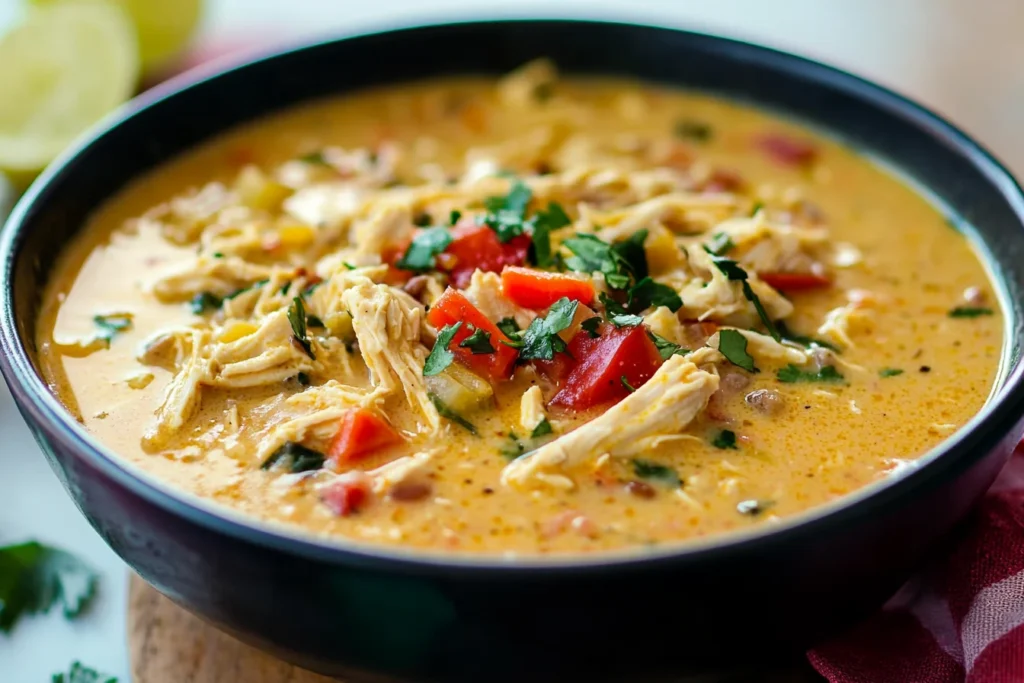 A bowl of creamy chicken soup garnished with chopped cilantro and diced tomatoes.