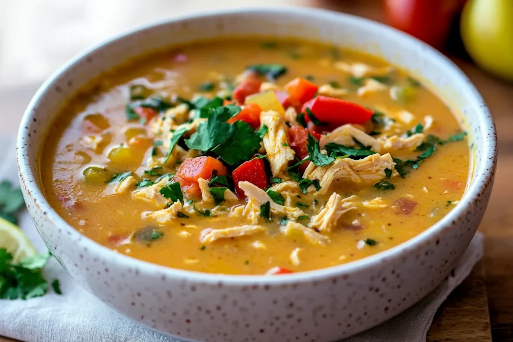 A bowl of creamy chicken tortilla soup garnished with fresh cilantro and diced tomatoes, served in a speckled ceramic bowl.