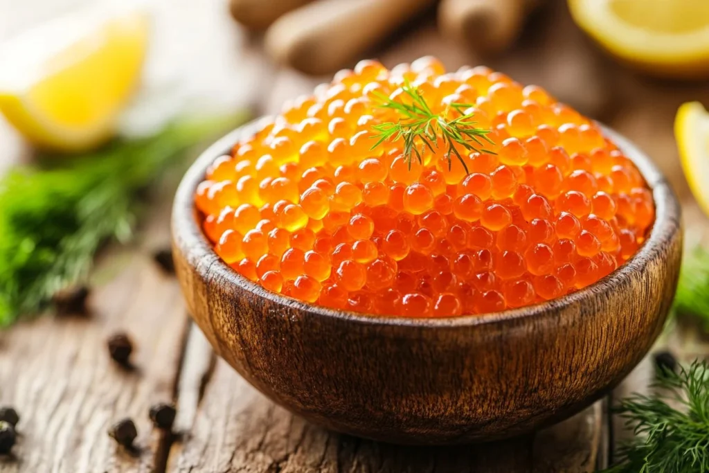 A wooden bowl filled with fresh, vibrant orange salmon roe, garnished with a sprig of dill, surrounded by rustic table decor.