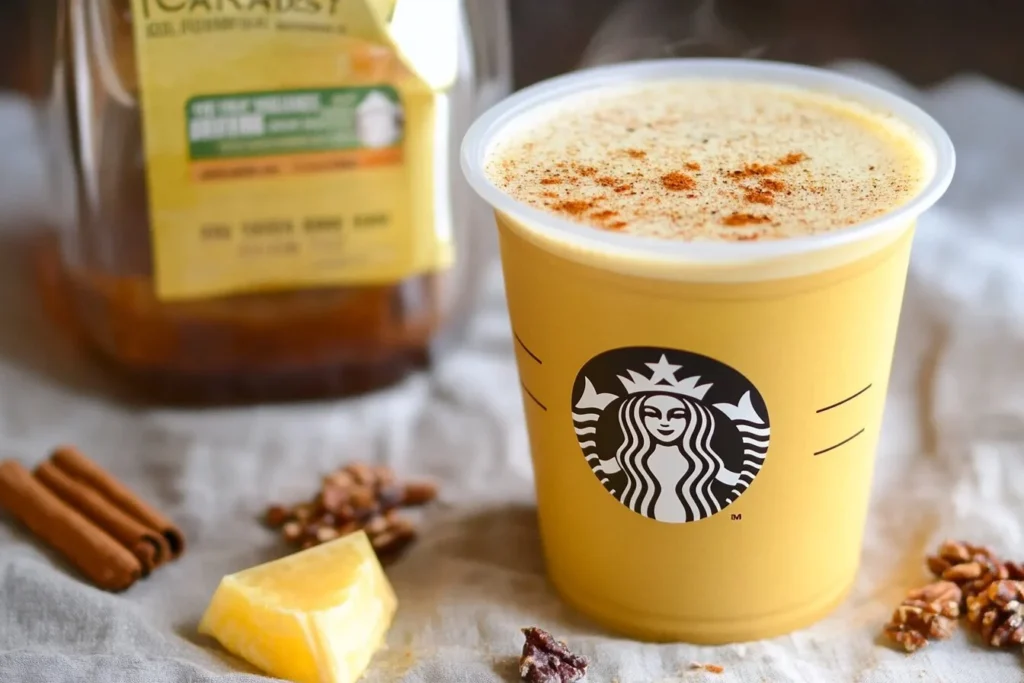 A yellow Starbucks cup filled with a frothy golden beverage, topped with cinnamon, surrounded by honey, cinnamon sticks, and other natural ingredients.