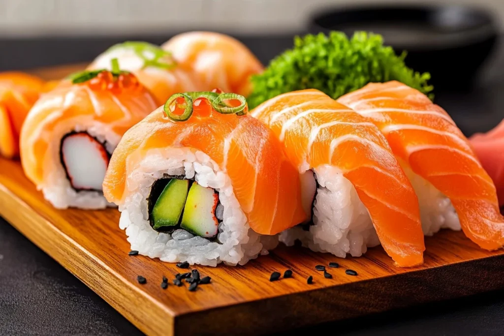 A wooden platter showcasing assorted sushi rolls topped with fresh salmon slices, garnished with scallions and salmon roe, served with cucumber and crab fillings.