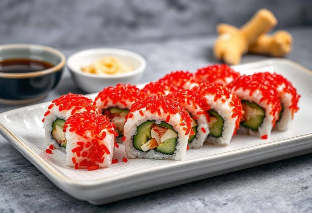 A plate of sushi rolls topped with bright red garnish, filled with cucumber, avocado, and seafood, presented on a rectangular white ceramic dish. In the background, bowls of soy sauce and pickled ginger are visible, along with fresh ginger root on a gray surface.