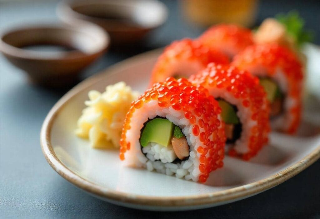 Close-up of rolls sushi rolls topped with orange fish roe, filled with avocado, cucumber, and seafood, served on an oval plate with a side of pickled ginger. The background features blurred ceramic bowls on a dark surface, creating a warm and inviting ambiance.