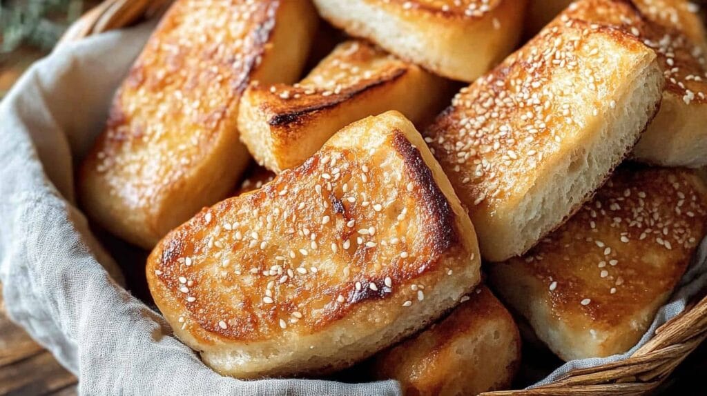 A basket filled with golden-brown toasted Canes Bread rolls, topped with sesame seeds and ready to be enjoyed as a snack or sandwich base.