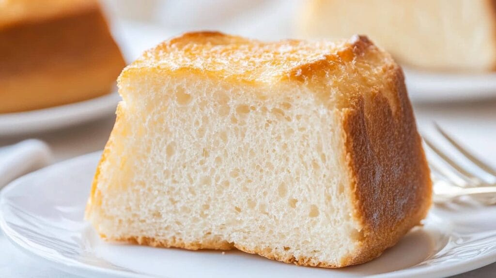 A soft and fluffy slice of cloud cake with a golden crust, served on a white plate with a gold fork in the background.