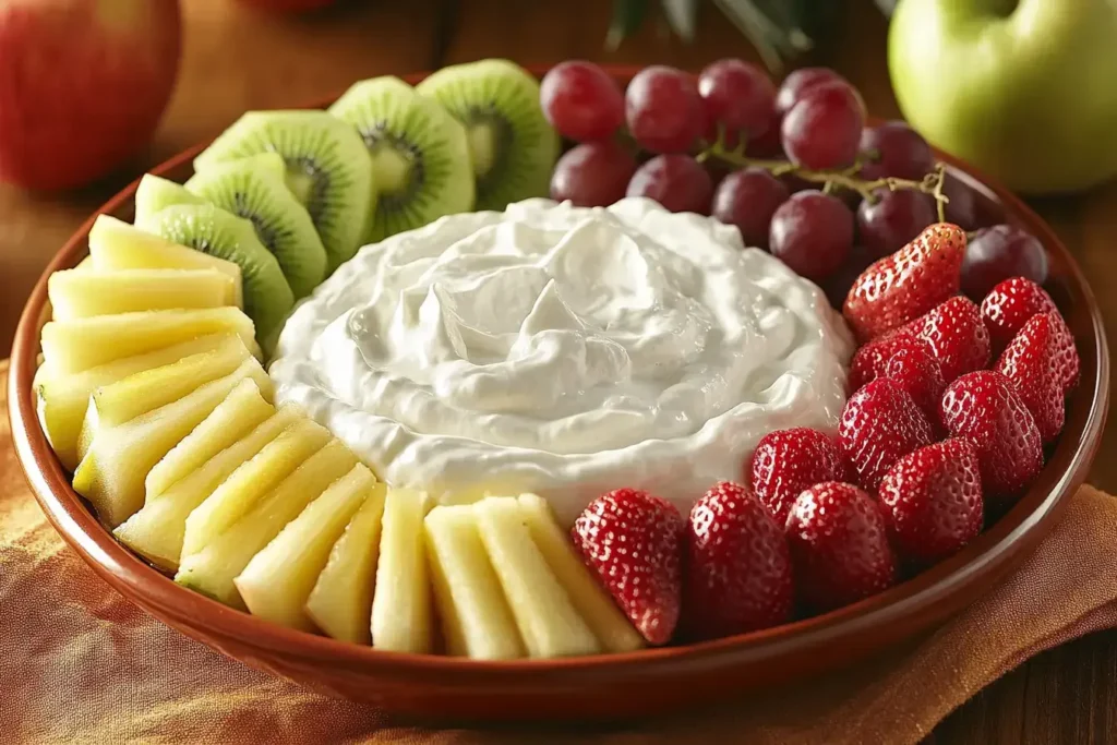 A delicious cream cheese fruit dip surrounded by fresh strawberries, pineapple slices, kiwi, and grapes on a brown plate.