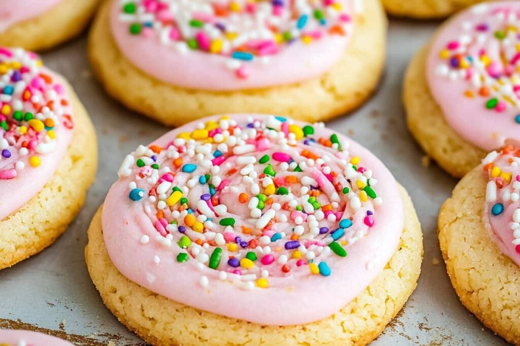 Soft sugar cookies topped with swirls of pink frosting and colorful sprinkles, arranged on a baking tray, Does Crumbl throw away cookies at the end of the day?
