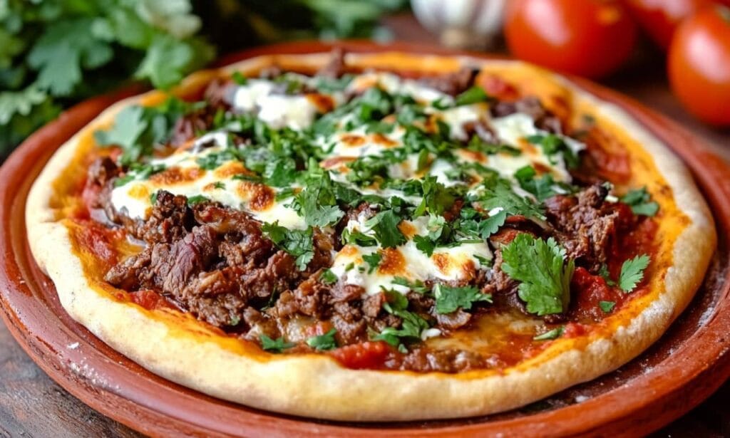 A birria pizza topped with shredded beef, melted cheese, and fresh cilantro, served on a rustic clay plate, illustrating the question "How Many Calories Does a Birria Pizza Have?"