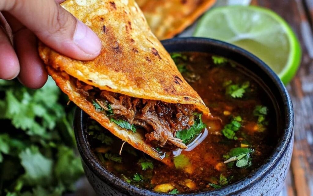 A golden-brown taco filled with shredded beef and fresh cilantro being dipped into a bowl of rich consommé, with limes and greenery in the background, How to Make Pizzabirria.