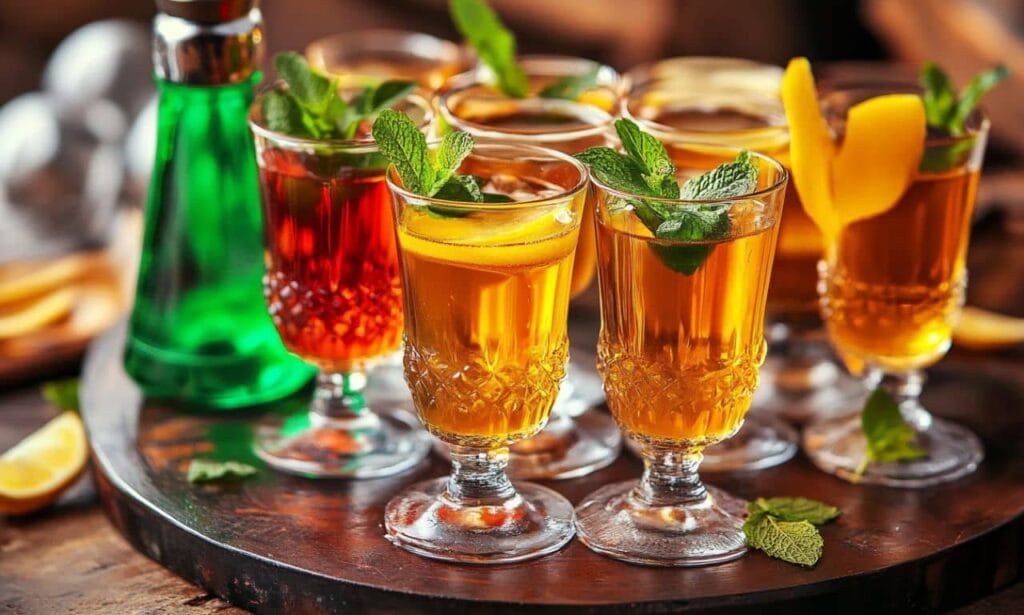 An elegant display of Jalbitedrinks Liquor Recipe served in crystal glasses with mint leaves and citrus garnishes, surrounded by a rustic bar setup.