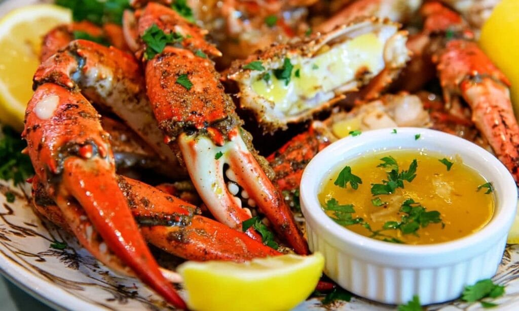 Close-up of seasoned snow crab legs, served with a ramekin of herb-infused butter and garnished with fresh parsley and lemon wedges.