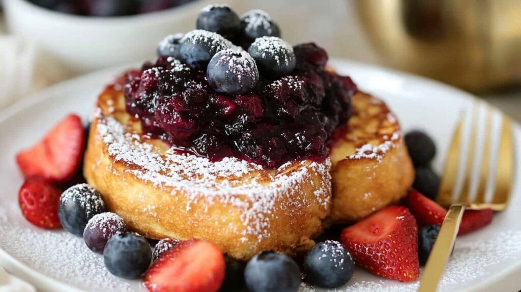 A plate of sourdough French toast topped with blueberry compote, fresh blueberries, and powdered sugar, garnished with sliced strawberries.