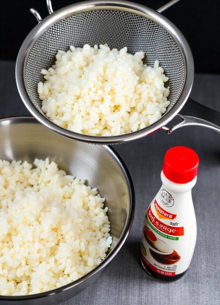 Prepared sushi rice for a Boston Roll, shown in a fine mesh strainer placed over a stainless steel bowl, with a bottle of soy sauce nearby on a gray surface. The rice appears fluffy and perfectly cooked, ready for seasoning.