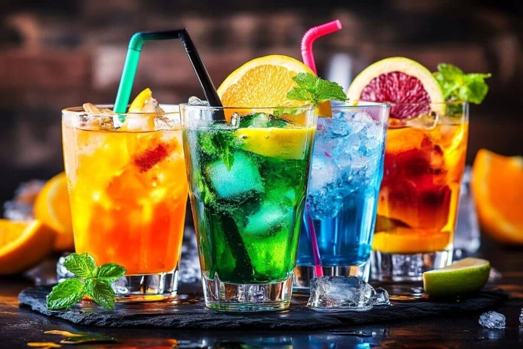A colorful assortment of four Jalbitedrinks cocktails, featuring orange, green, blue, and red hues, garnished with citrus slices and mint leaves, served in tall glasses with ice and vibrant straws.