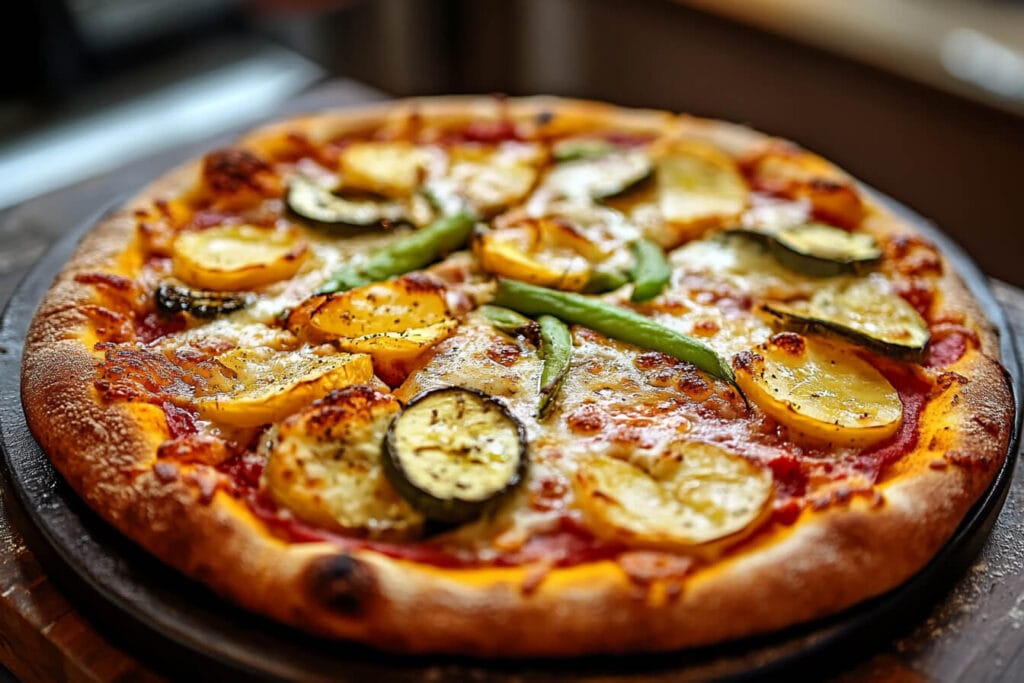 A pickle pizza fresh out of the oven.