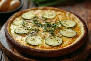 A close-up of a freshly baked pizza topped with zucchini slices, herbs, and a golden cheese crust on a wooden table.