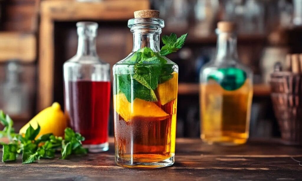 A selection of artisanal cocktail ingredients featuring a glass bottle with citrus, mint, and infused liquid, surrounded by vibrant garnishes and background bottles of colorful beverages.