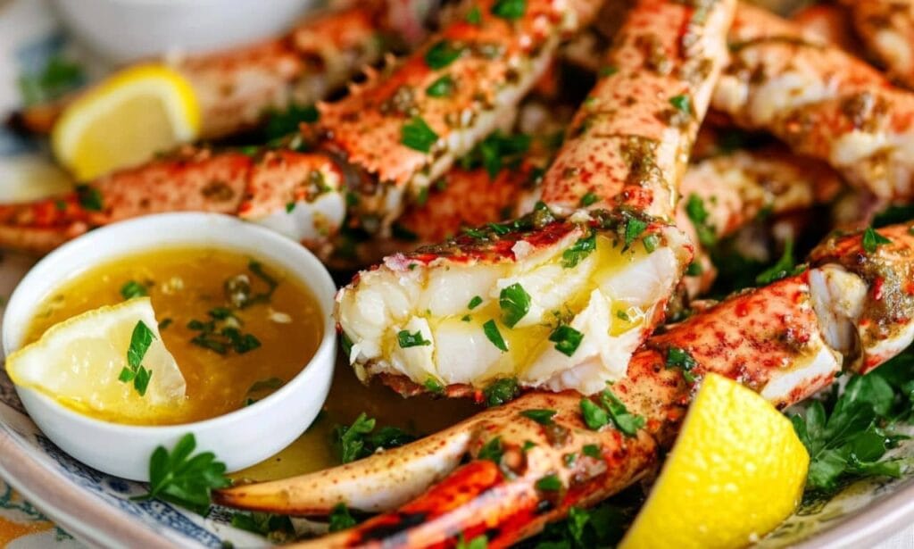 A plate of crab legs snow, seasoned and garnished with parsley, served with a ramekin of garlic butter sauce and lemon wedges. One crab leg is opened to reveal tender white meat.