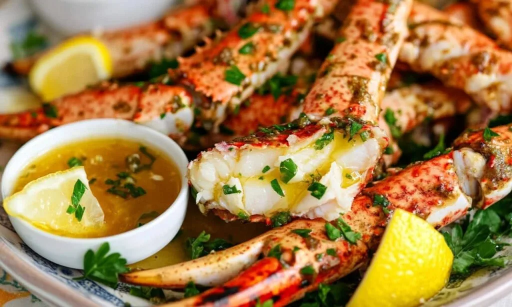 A plate of crab legs snow, seasoned and garnished with parsley, served with a ramekin of garlic butter sauce and lemon wedges. One crab leg is opened to reveal tender white meat.