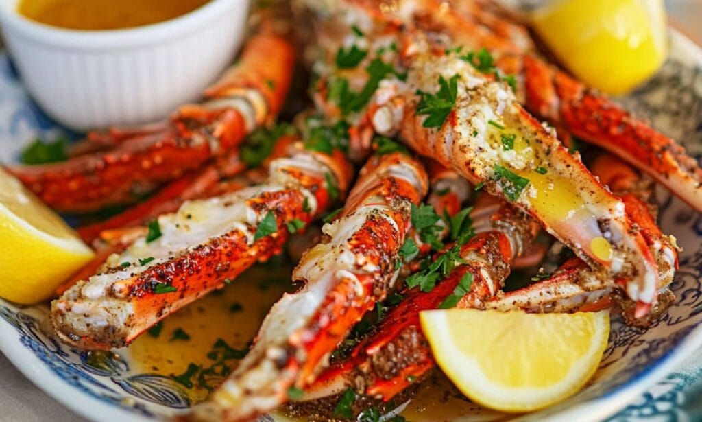 Fresh crab legs served on a plate, garnished with parsley, accompanied by lemon wedges and a ramekin of butter sauce. One crab leg is drizzled with melted butter.