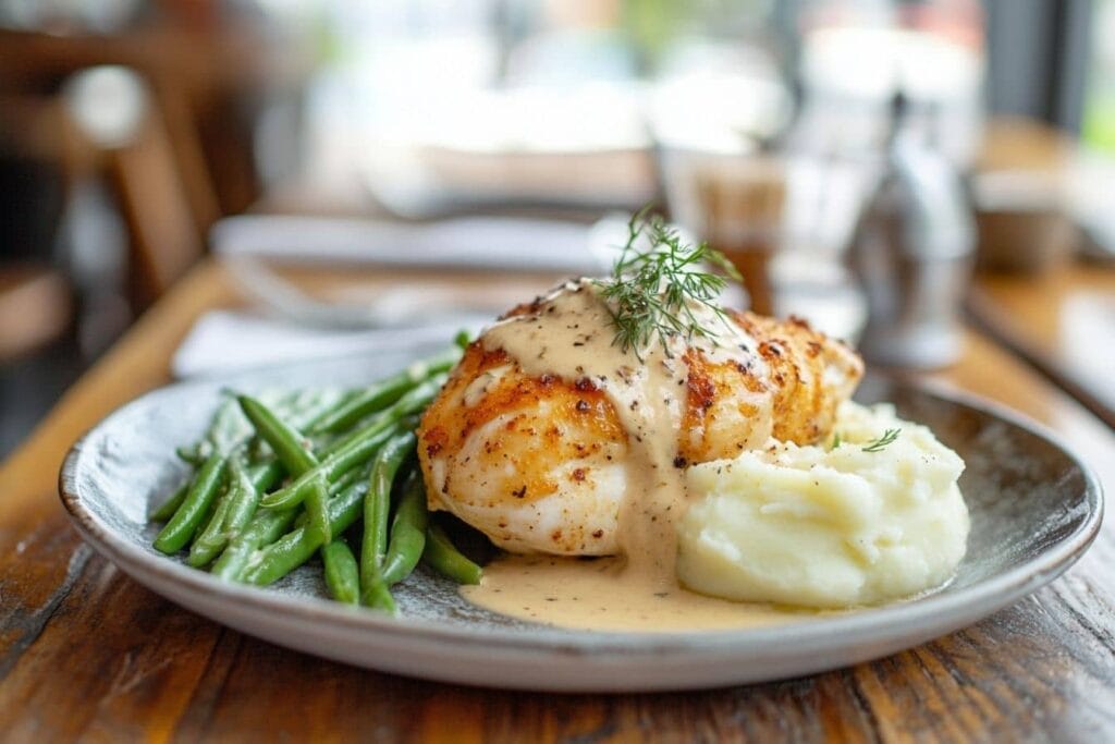 A plate of grilled chicken topped with creamy sauce, accompanied by green beans and mashed potatoes, served on a wooden table.