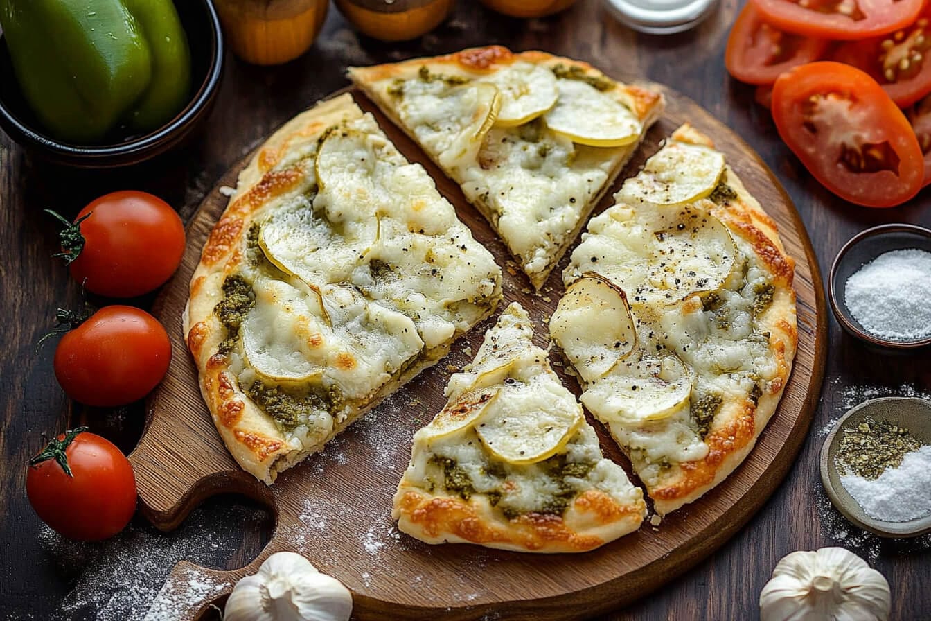 A delicious pickle pie pizza topped with sliced pickles and melted cheese.