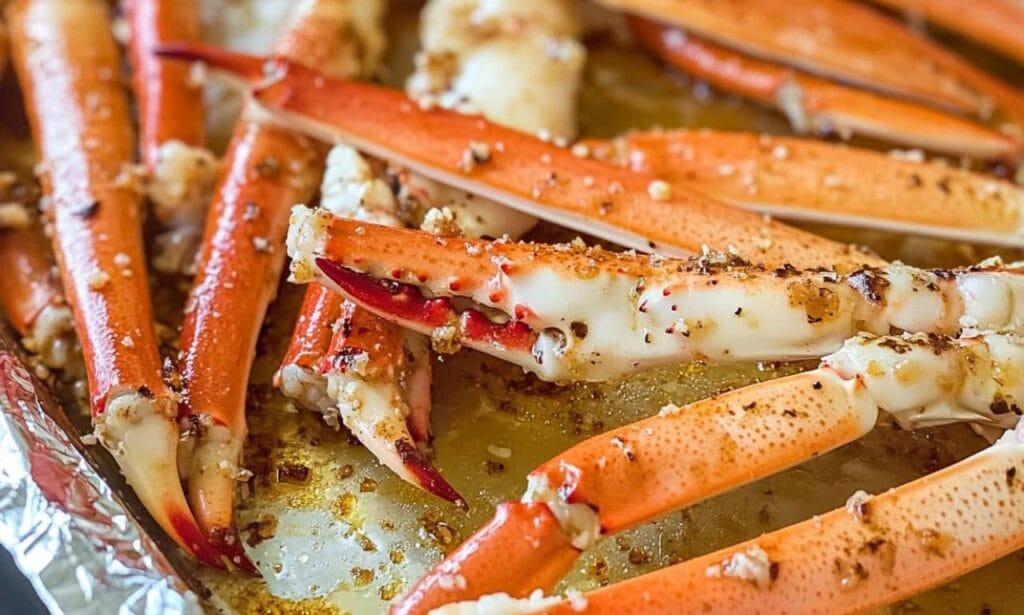 Close-up of surimi snow crab legs baked with garlic butter and lightly seasoned, served on a foil-lined tray.