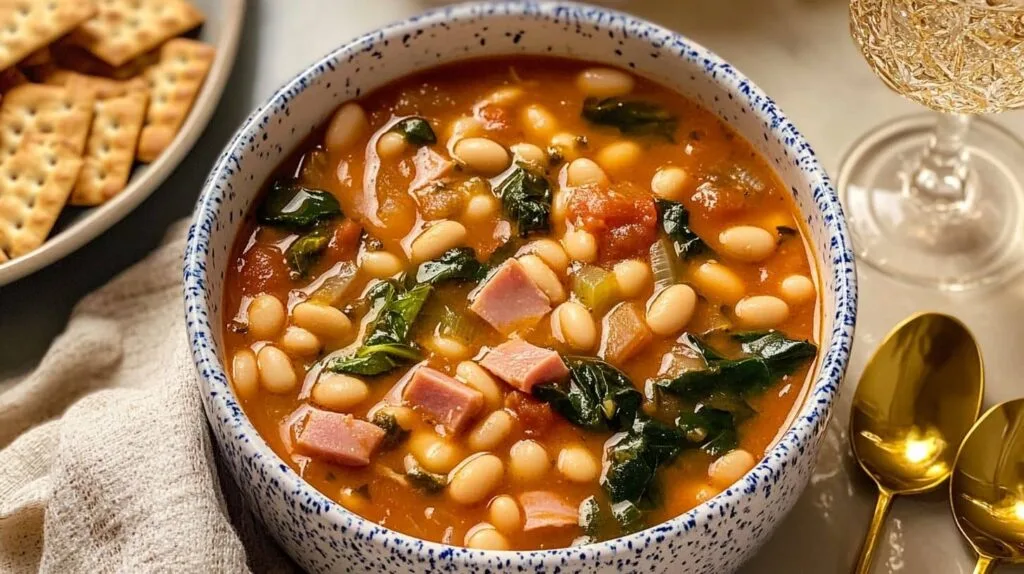 A close-up of a bowl of swamp soup recipe, featuring white beans, ham, and leafy greens in a savory tomato broth, served with crackers and a drink.