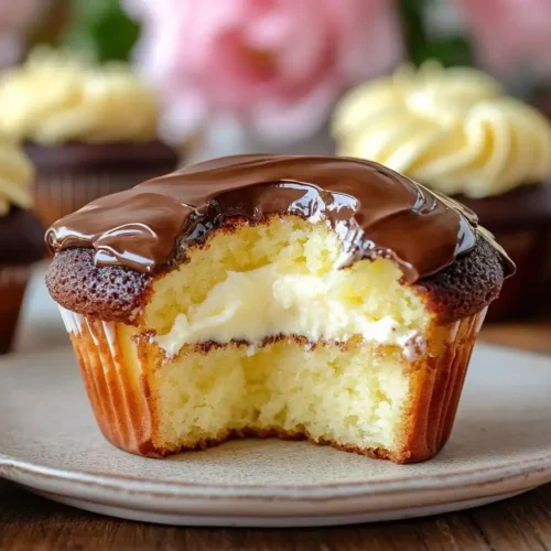 A close-up of a Boston Cream Cupcake with a bite taken out, showing its creamy custard filling. The cupcake has a soft vanilla cake base and is topped with a smooth chocolate ganache. Other Boston Cream Cupcakes with piped cream frosting are blurred in the background.