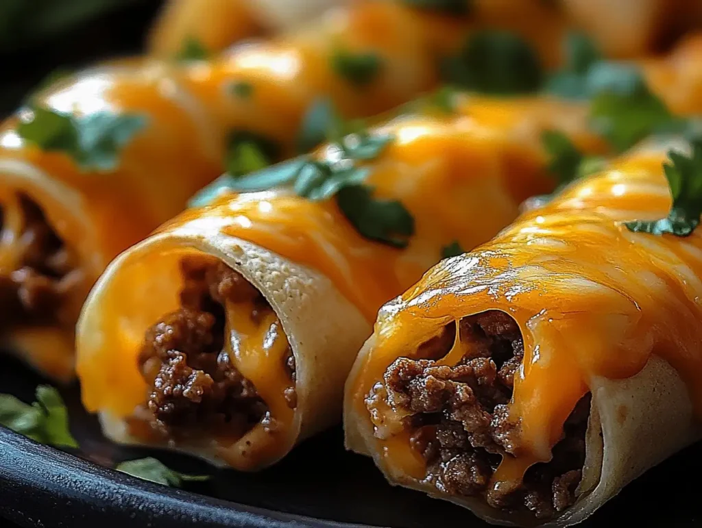 Close-up of Cheesy Beefy Roll-Ups with melted cheese and seasoned beef filling.