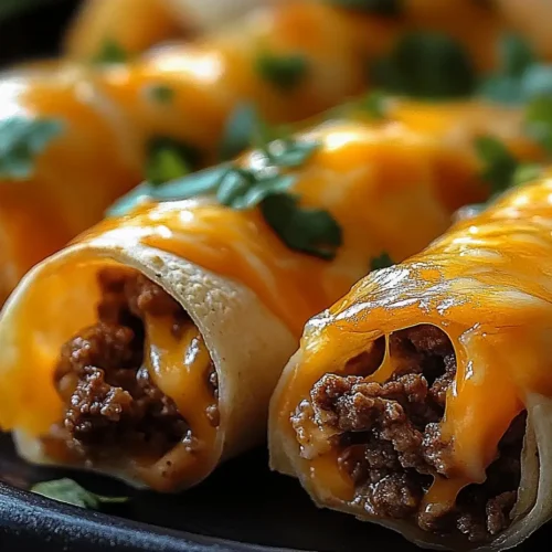 Close-up of Cheesy Beefy Roll-Ups with melted cheese and seasoned beef filling.
